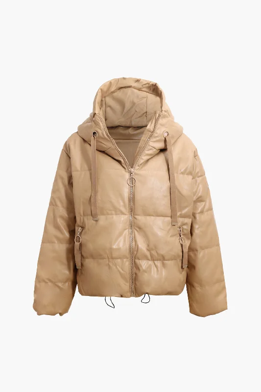 Faux Leather Hooded Puffer Jacket