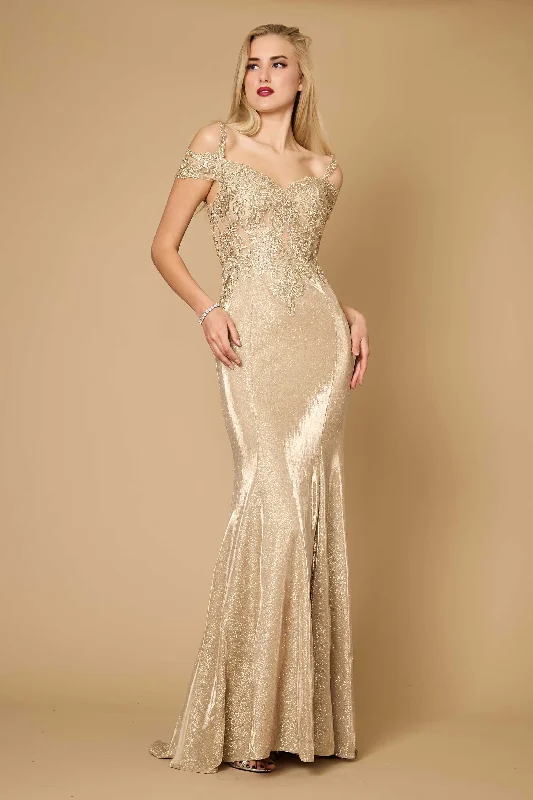 Long Off Shoulder Lace Formal Evening Dress Gold