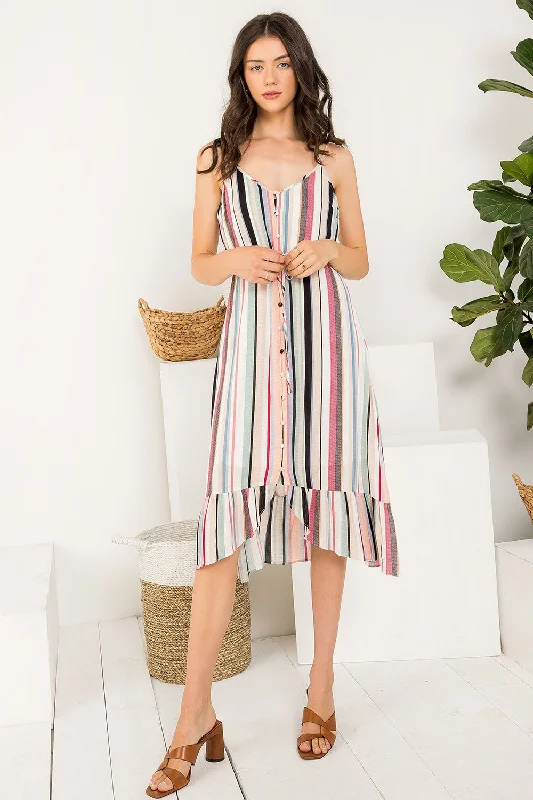 Short Stripe Button Up Spaghetti Strap Dress