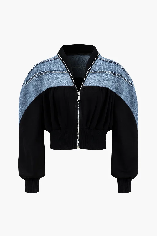 Denim Patchwork Zipper Jacket