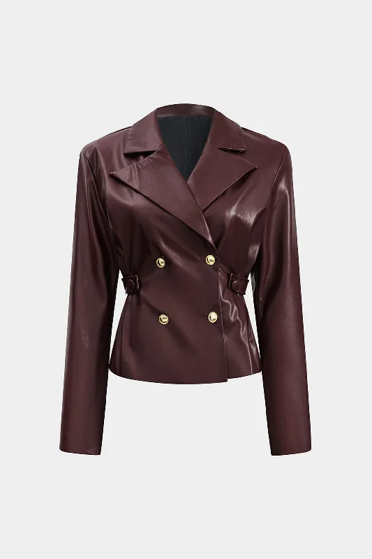 Solid Faux Leather Double Breasted Jacket