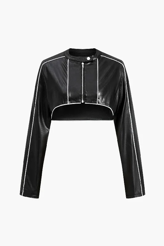 Faux Leather Zipper Detail Contrast Binding Jacket