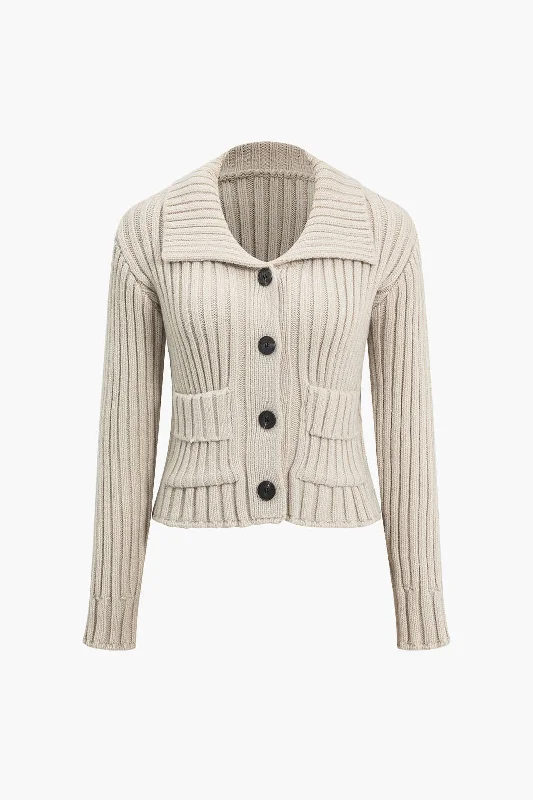 Ribbed Button-Front Pockets Sweater Cardigan