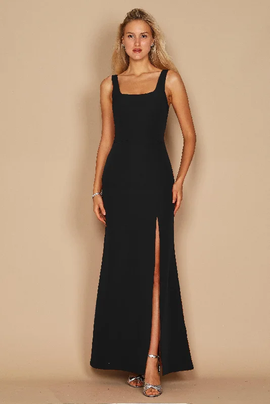 Long Formal Square Neckline Evening Dress Black