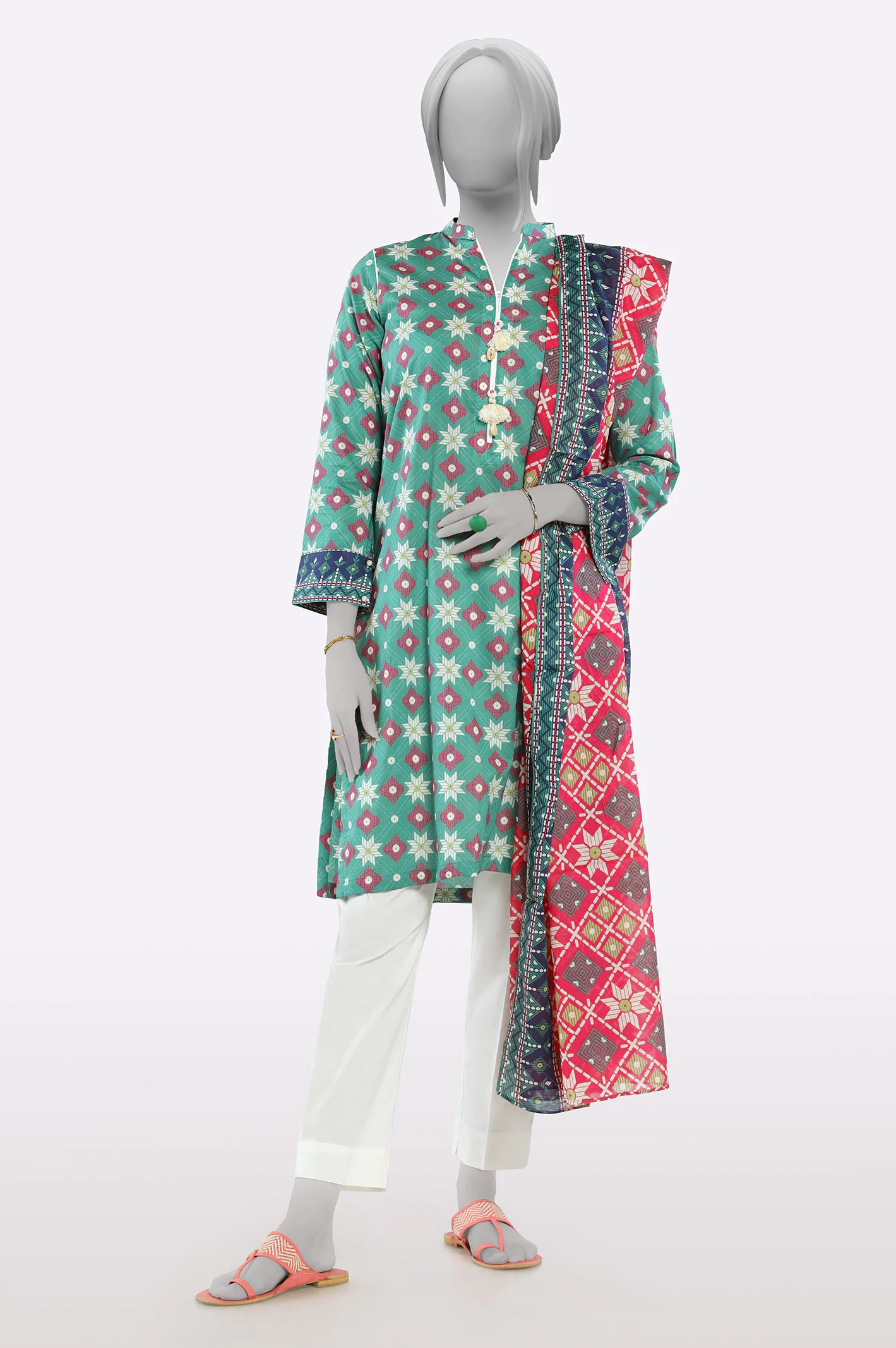 Green Printed Kurti With Dupatta