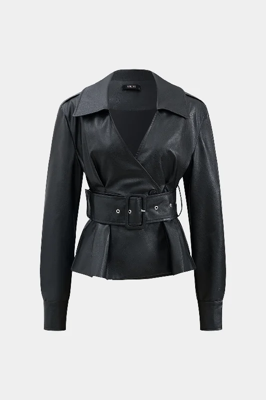 Faux Leather Button Belted Jacket