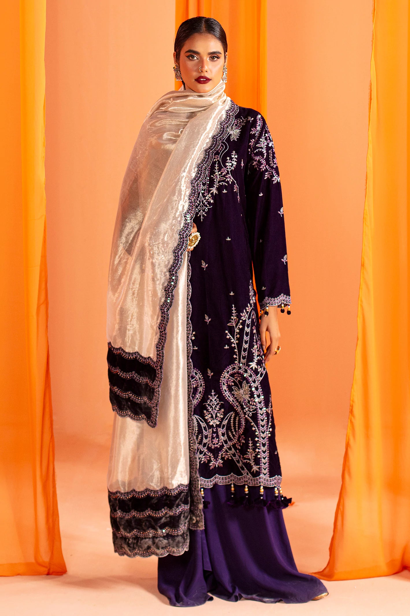 Purple Embroidered Kurti With Dupatta