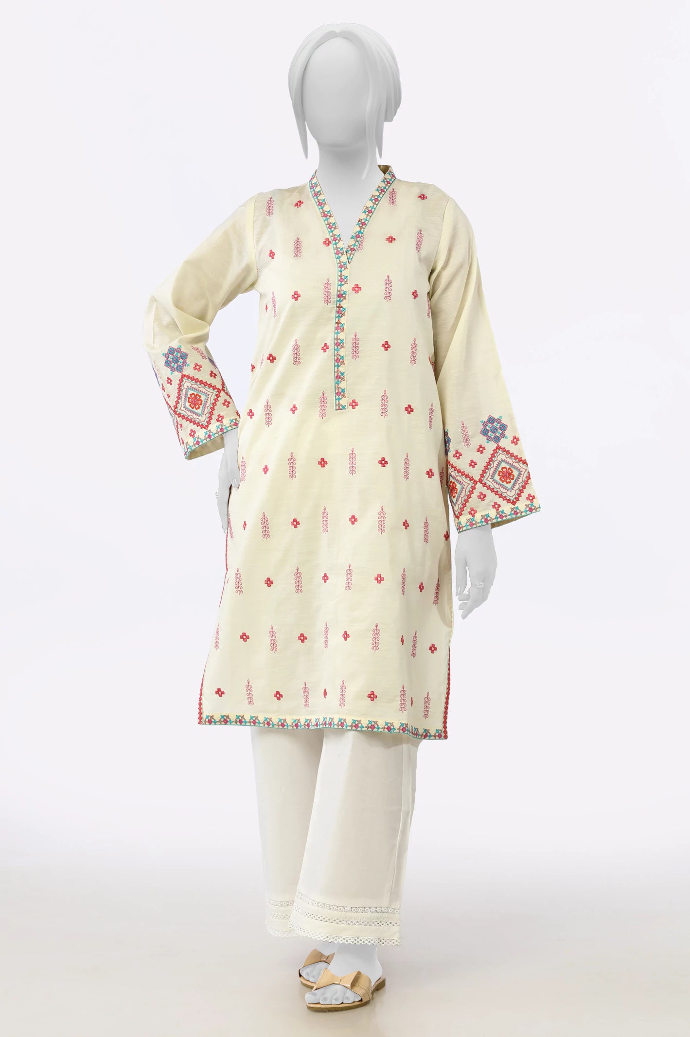 Cream Embroidered Kurti