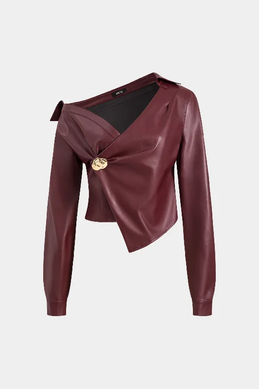 Faux Leather Metallic Asymmetrical Neck Long Sleeve Jacket