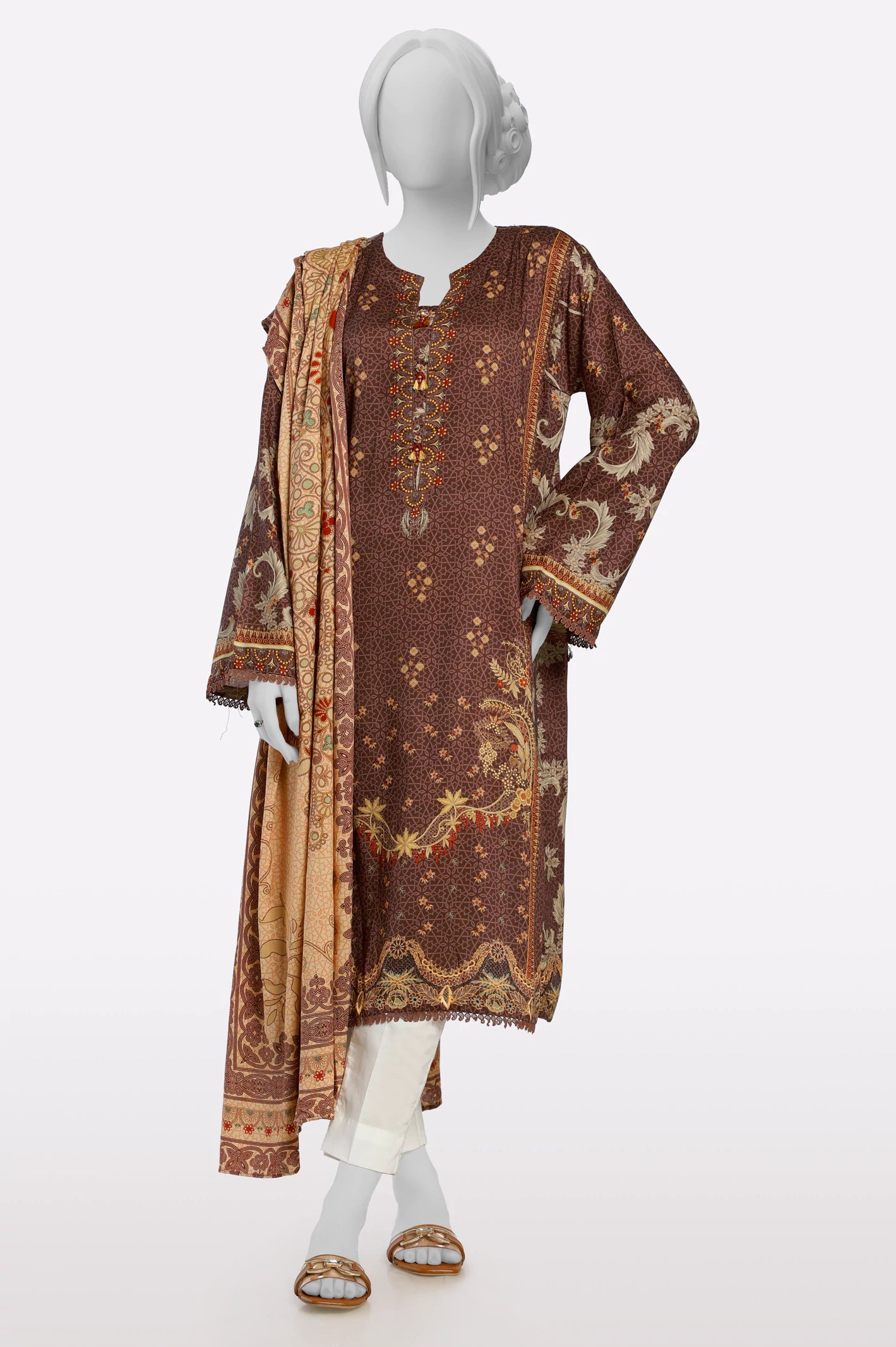 Brown Printed Kurti With Dupatta