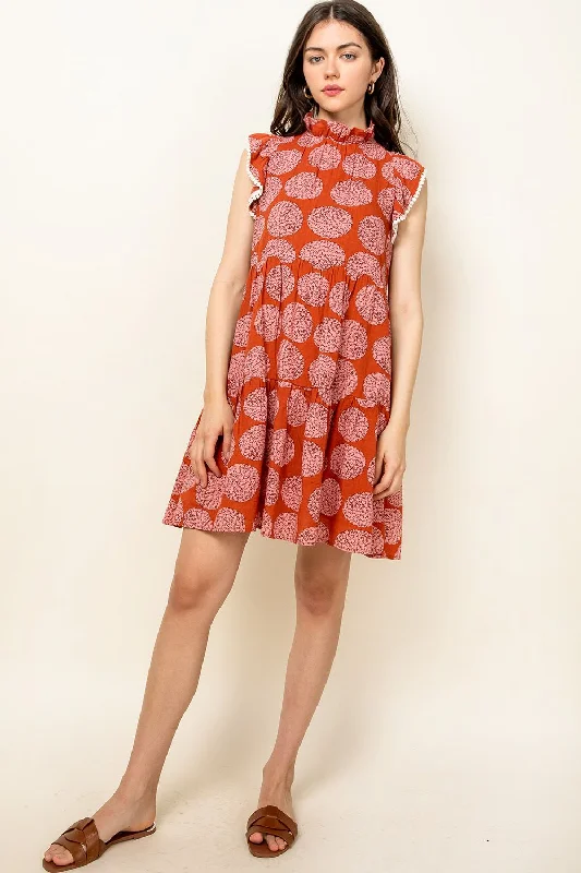 Short Flutter Sleeve Tiered Print Dress