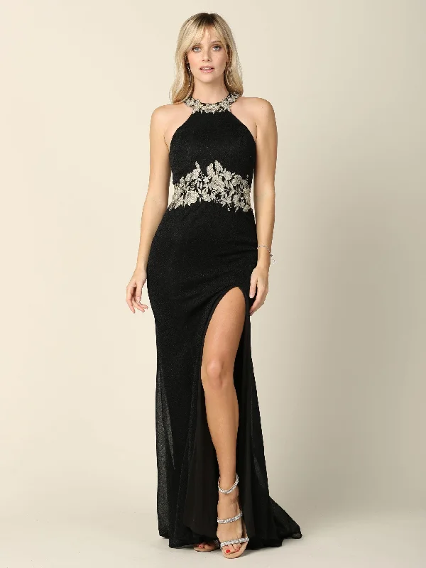 Long Formal Fitted Halter Metallic Prom Dress