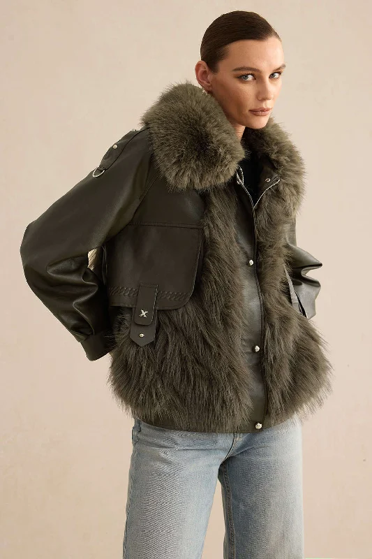 Faux Leather Fur Patchwork Coat