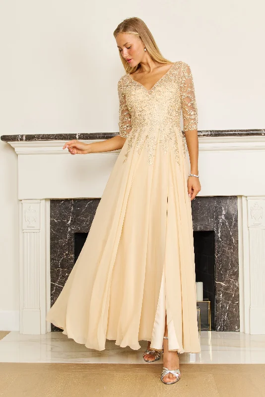 Long Sleeve Chiffon Formal Evening Dress Gold