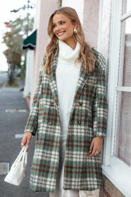 Anika Plaid Long Coat - Green/Brown