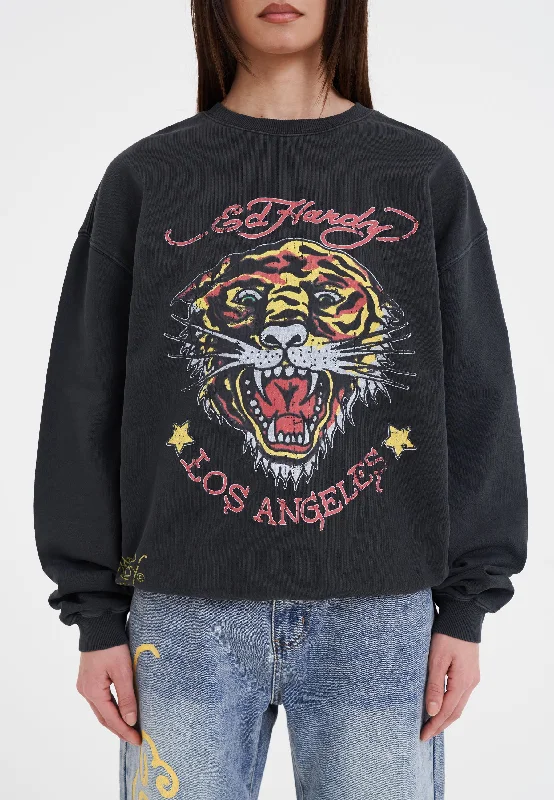 Womens Tiger-Vintage-Roar Crew Neck Sweatshirt - Black