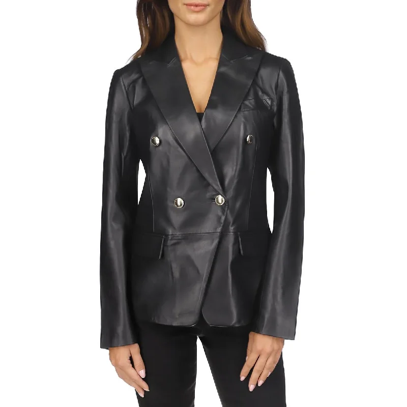 Womens Lambskin Leather Trendy Double-Breasted Blazer