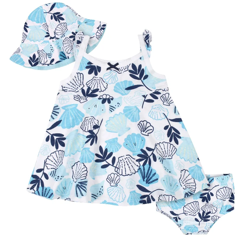 3-Piece Baby & Toddler Girls Sea Shells Dress, Diaper Cover & Sun Hat Set