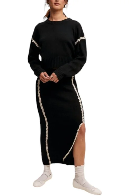 Contrast Stitch Sweater Skirt Set In Black