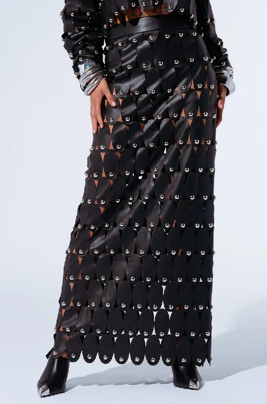 THE SNEAK PEEK STUDDED PU MIDI SKIRT IN BLACK