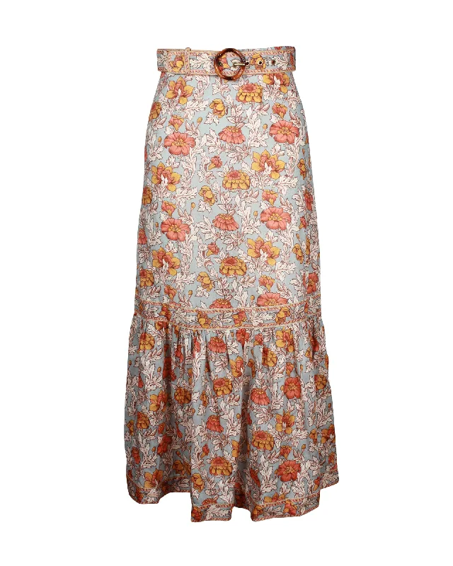 Zimmermann Andie Frill Hem Maxi Skirt in Floral Print Linen