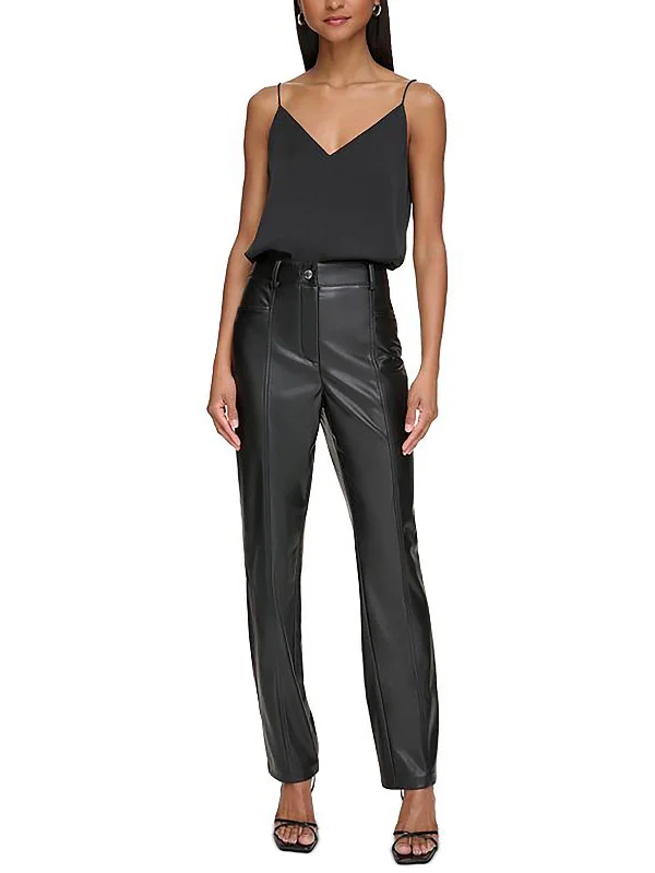 Womens Faux Leather High-Rise Straight Leg Pants