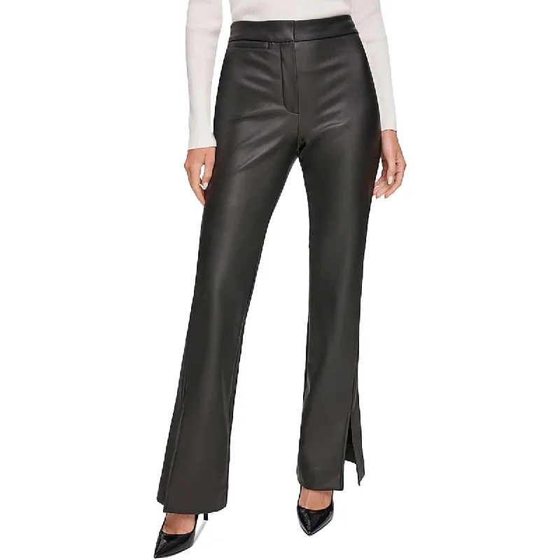 Womens Mid-Rise Faux Leather Flared Pants