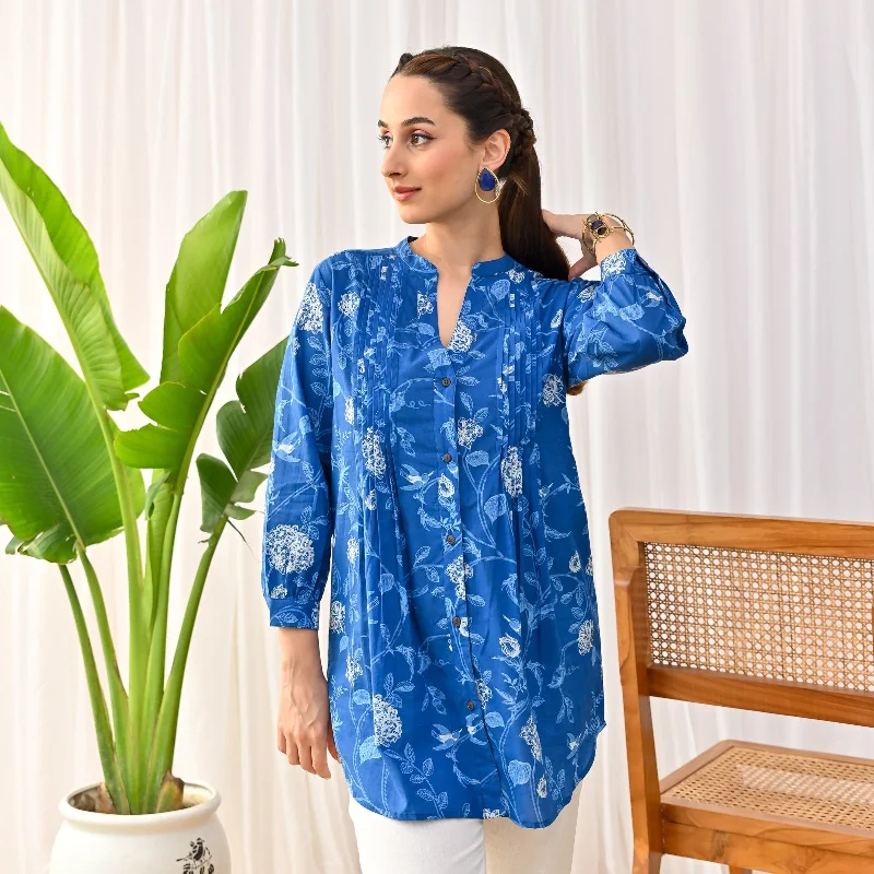 Indigo Sanganeri Printed Shirt Tunic with Pintuck Details