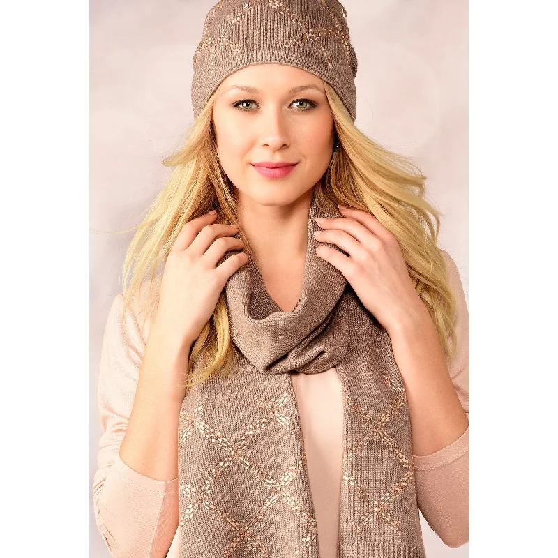 Charlie Paige Studded Scarf/Hat Set - Brown